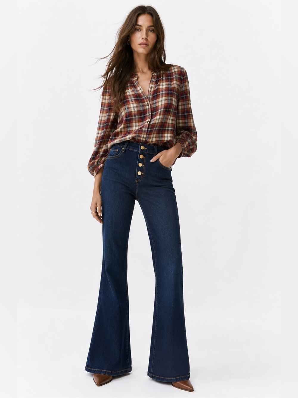 Zara Dark Blue Button-Front Flared Jeans 6